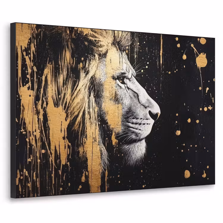 Portret - Leeuw - Abstract - Goud Textielframe zwart klein -3d