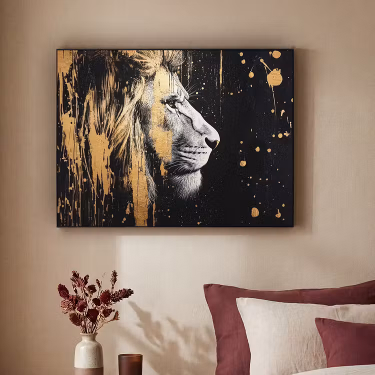 Portret - Leeuw - Abstract - Goud Textielframe - compleet frame klein -sfeer1