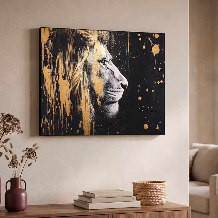 Portret - Leeuw - Abstract - Goud Textielframe zwart klein -sfeer3