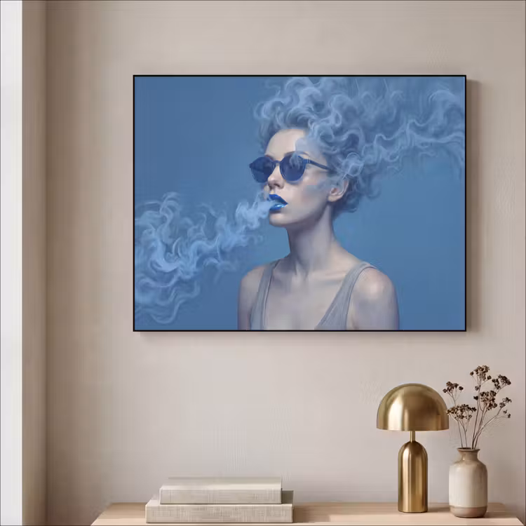 Portret - Zonnebril - Rook - Abstract - Blauw Textielframe zwart klein -sfeer2