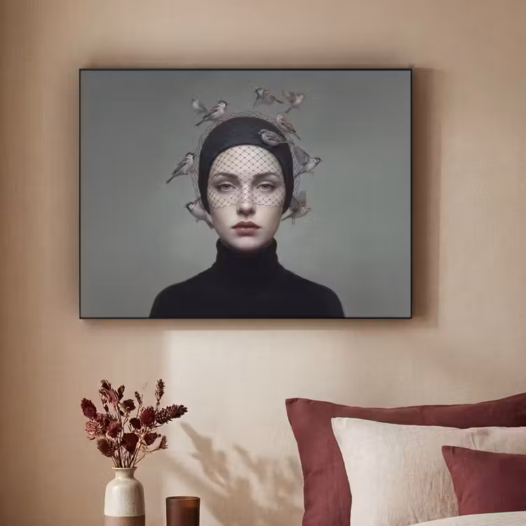 Portret - Vogels - Zwart Textielframe zwart klein -sfeer1