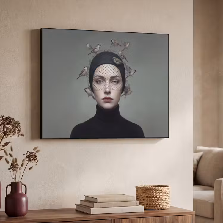 Portret - Vogels - Zwart Textielframe zwart klein -sfeer3