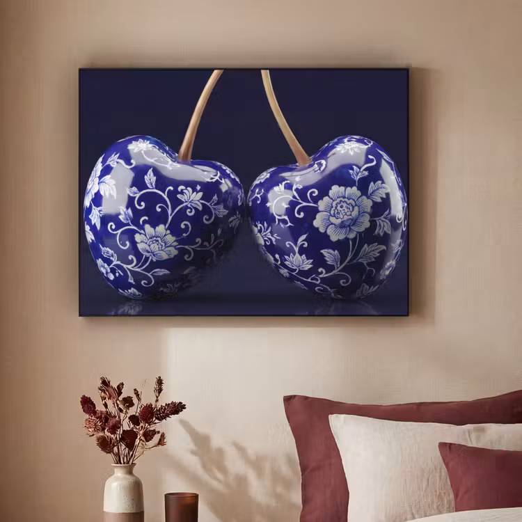 Art Frame - Porzellan - Kirsche - Delft - Blau - Porselein- Kersen - Delfts - Blauw Textielframe zwart klein