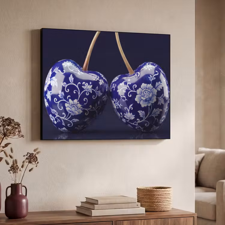 Art Frame - Porzellan - Kirsche - Delft - Blau - Porselein- Kersen - Delfts - Blauw Textielframe zwart klein