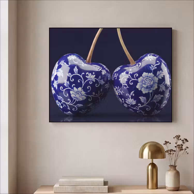 Art Frame - Porzellan - Kirsche - Delft - Blau - Porselein- Kersen - Delfts - Blauw Textielframe zwart klein