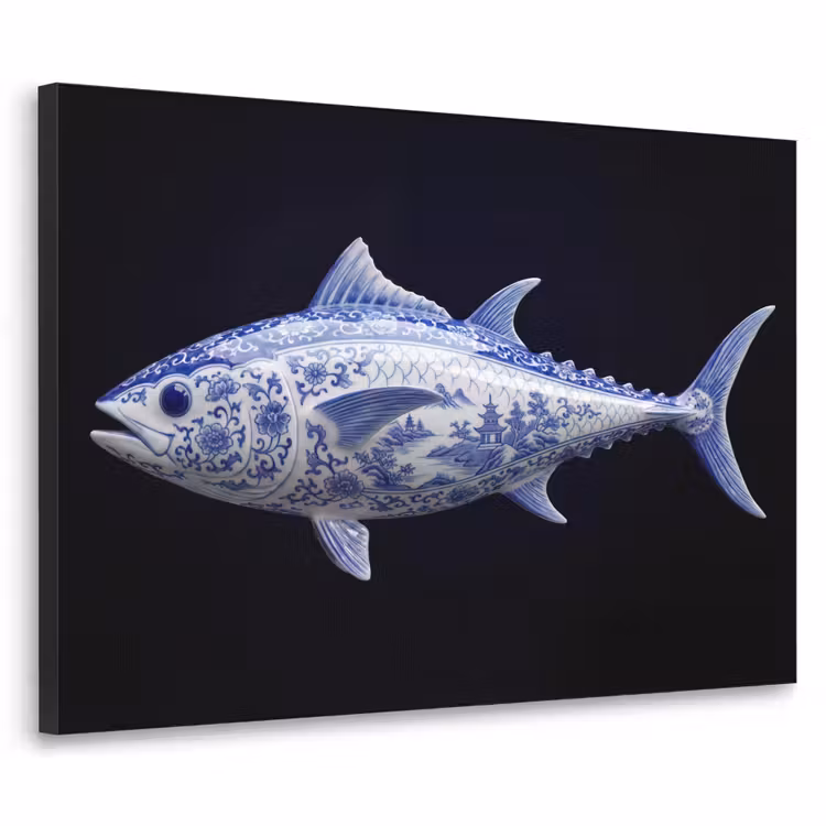 Art Frame - Porzellan - Thunfisch - Delfter Blau - Porselein - Tonijn - Delfts - Blauw Textielframe zwart klein