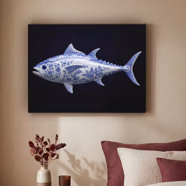 Art Frame - Porzellan - Thunfisch - Delfter Blau - Porselein - Tonijn - Delfts - Blauw Textielframe zwart klein