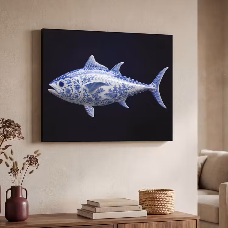 Art Frame - Porzellan - Thunfisch - Delfter Blau - Porselein - Tonijn - Delfts - Blauw Textielframe zwart klein