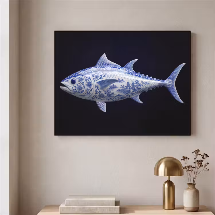 Art Frame - Porzellan - Thunfisch - Delfter Blau - Porselein - Tonijn - Delfts - Blauw Textielframe zwart klein