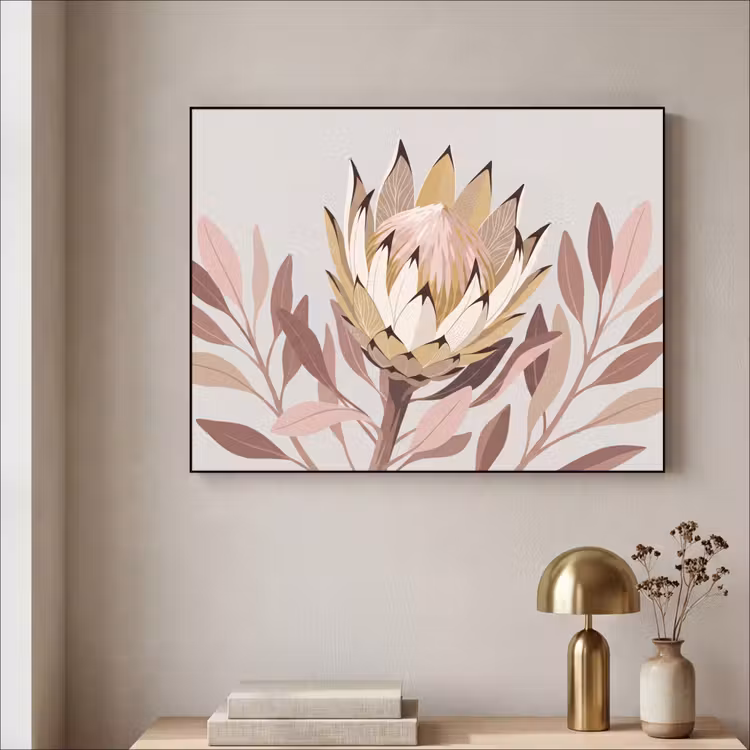 Protea - Bloem - Botanisch - Beige Textielframe zwart klein -sfeer2
