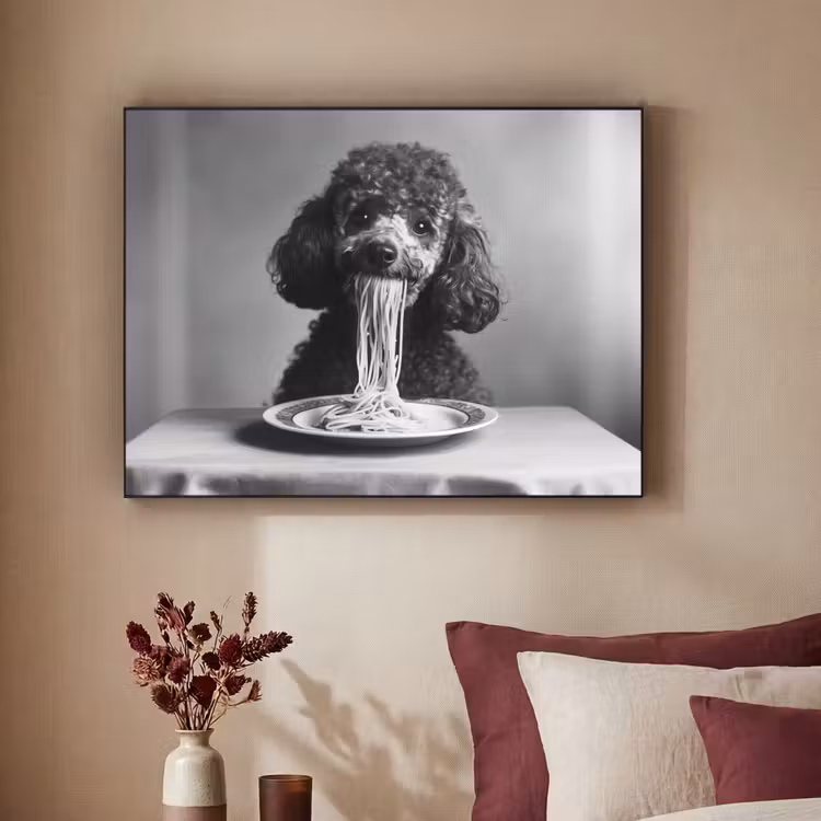 Poedel - Hond - Zwart - Wit - Schattig - Pasta Textielframe zwart klein -sfeer1
