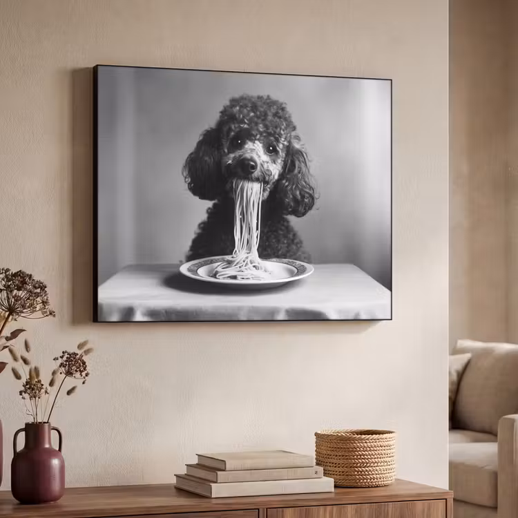 Poedel - Hond - Zwart - Wit - Schattig - Pasta Textielframe - compleet frame klein -sfeer3