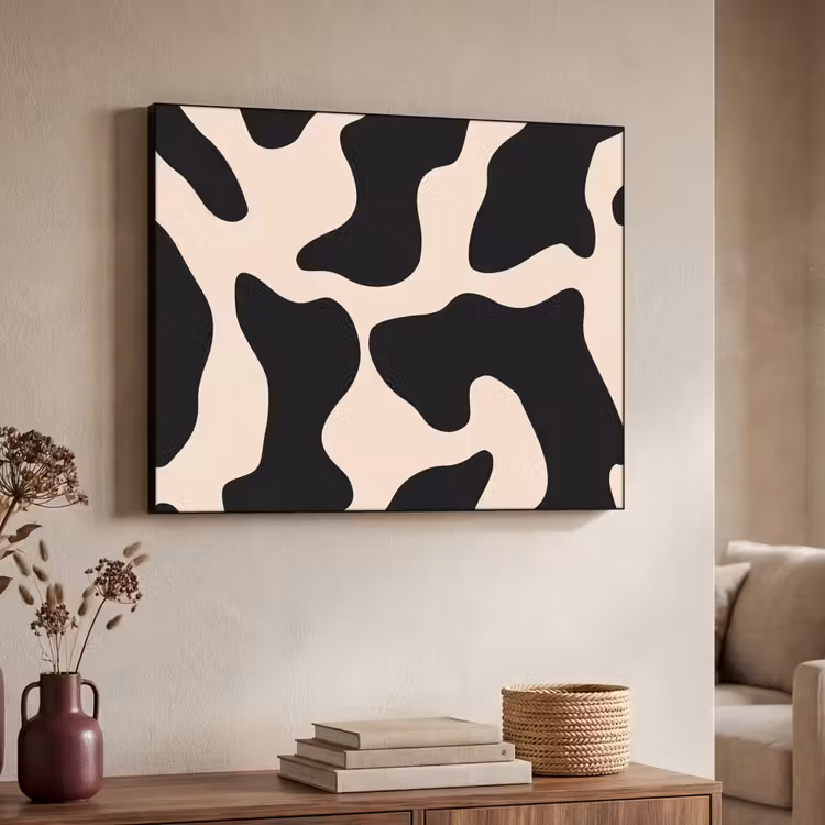 Vlekkenpatroon - Koe - Beige Textielframe zwart klein -sfeer3