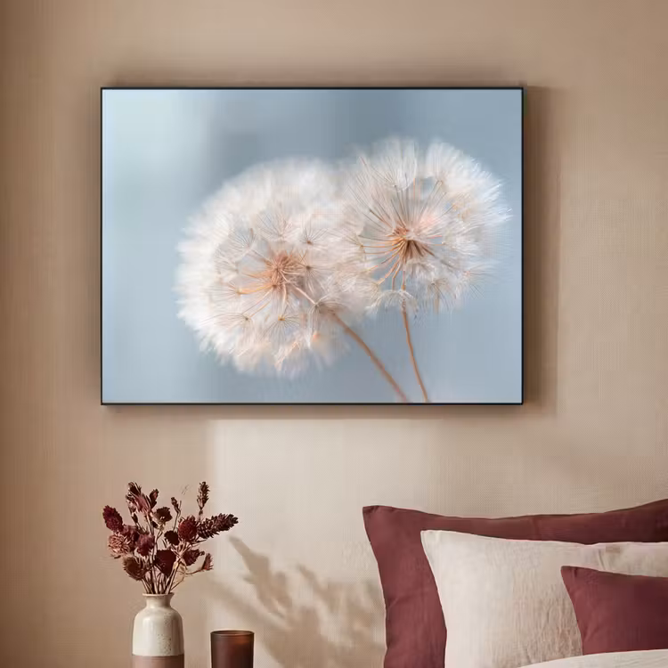 Paardenbloemen - Pluisjes - Wit Textielframe zwart klein -sfeer1