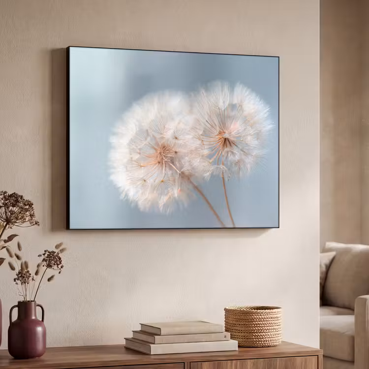 Paardenbloemen - Pluisjes - Wit Textielframe zwart klein -sfeer3