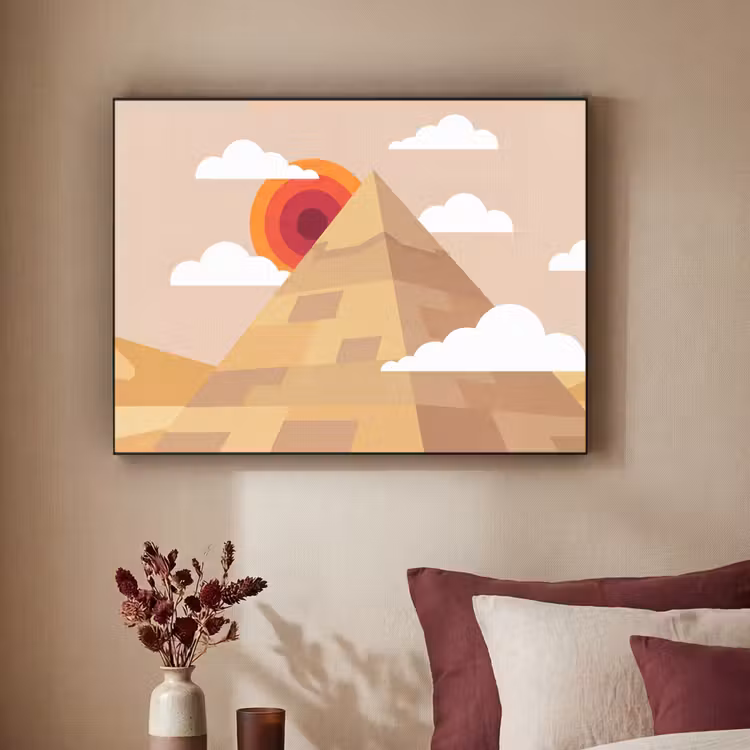 Piramide - Zon - Woestijn - Modern - Oranje Textielframe zwart klein -sfeer1