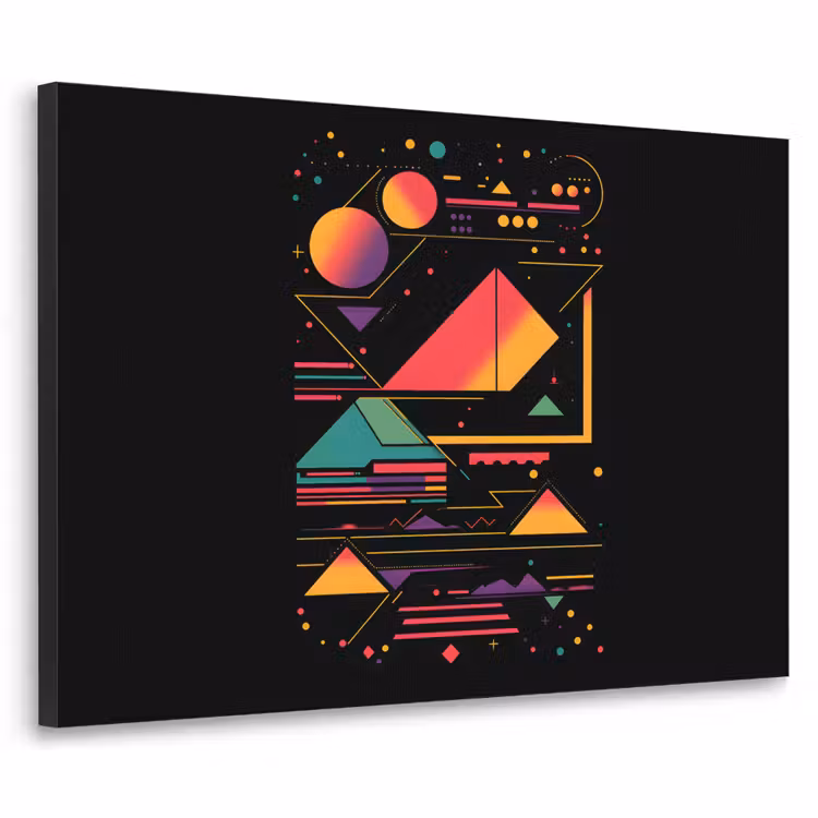 Piramides - Cirkels - Neonkleuren - Geometrisch Textielframe zwart klein -3d