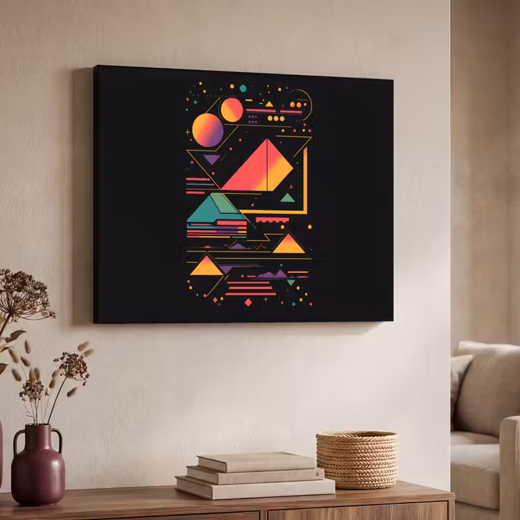 Piramides - Cirkels - Neonkleuren - Geometrisch Textielframe zwart klein -sfeer3
