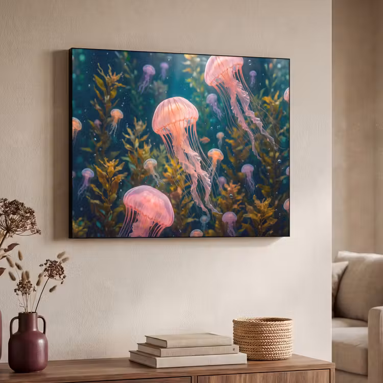 Kwal - Roze - Onderwater - Zeeleven - Dieren Textielframe zwart klein -sfeer3