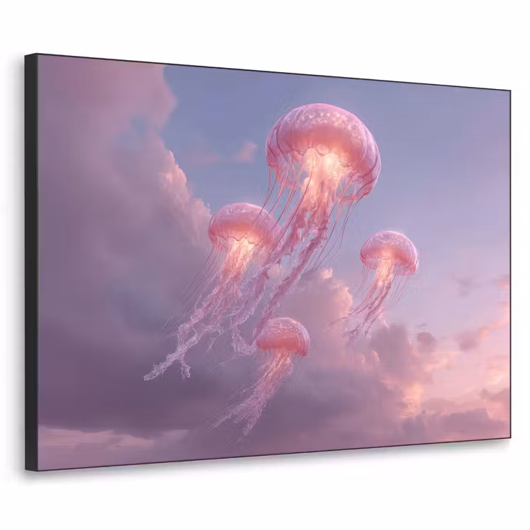 Kwallen - Roze - Wolken Textielframe zwart klein -3d