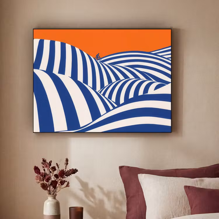 Fietser - Heuvels - Strepen - Blauw Textielframe zwart klein -sfeer1