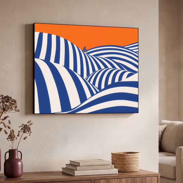 Fietser - Heuvels - Strepen - Blauw Textielframe - compleet frame klein -sfeer3