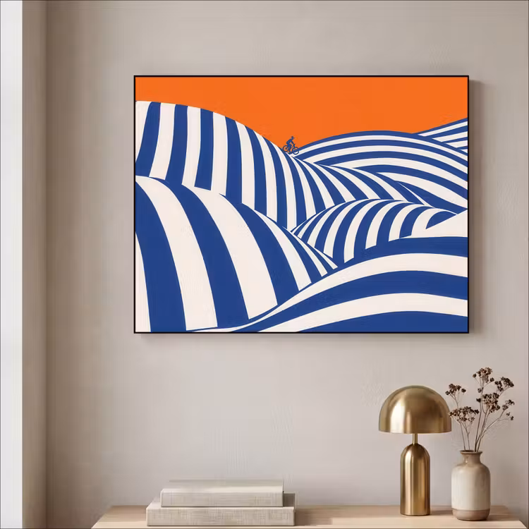 Fietser - Heuvels - Strepen - Blauw Textielframe zwart klein -sfeer2