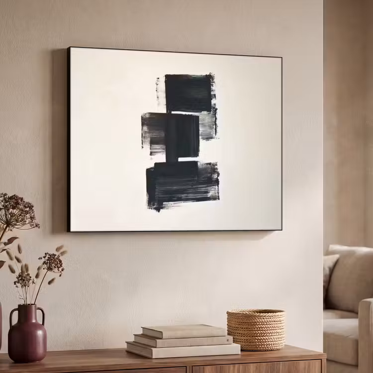 Rechthoeken - Penseelstreken - Abstract - Zwart Textielframe - compleet frame klein -sfeer3