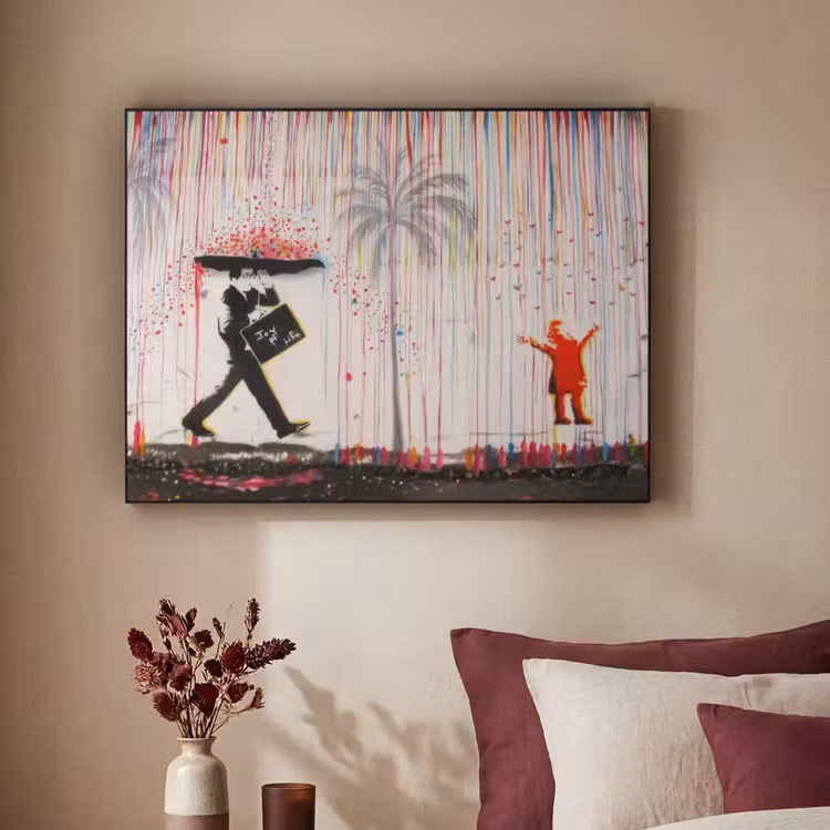 Regen - Graffiti - Man - Banksy Style Textielframe zwart klein -sfeer1