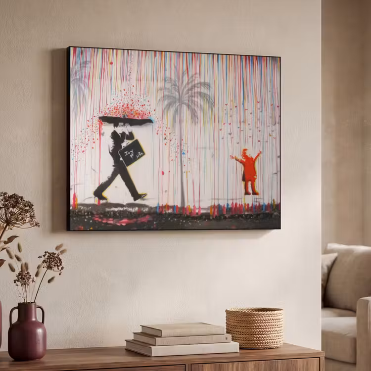 Regen - Graffiti - Man - Banksy Style Textielframe - compleet frame klein -sfeer3