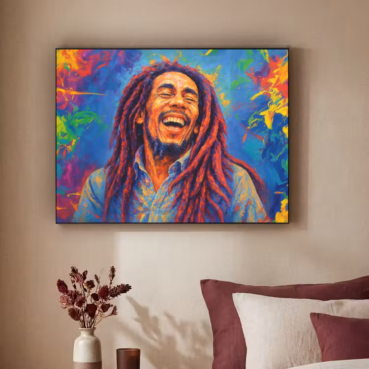 Regenboogkleuren - Man - schilderij Textielframe zwart klein -sfeer1