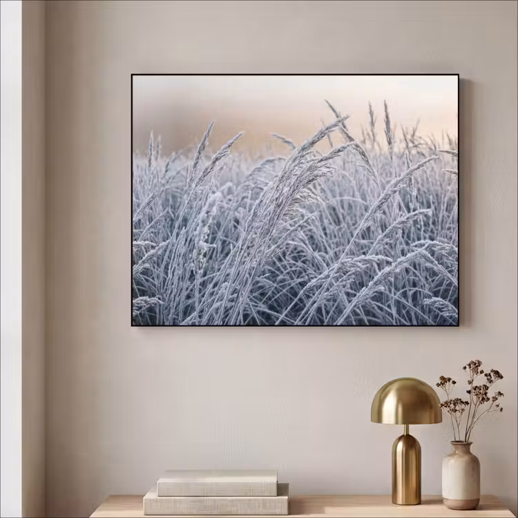 Rijp - Gras - Kristallen - Winter - Minimalistisch Textielframe zwart klein -sfeer2