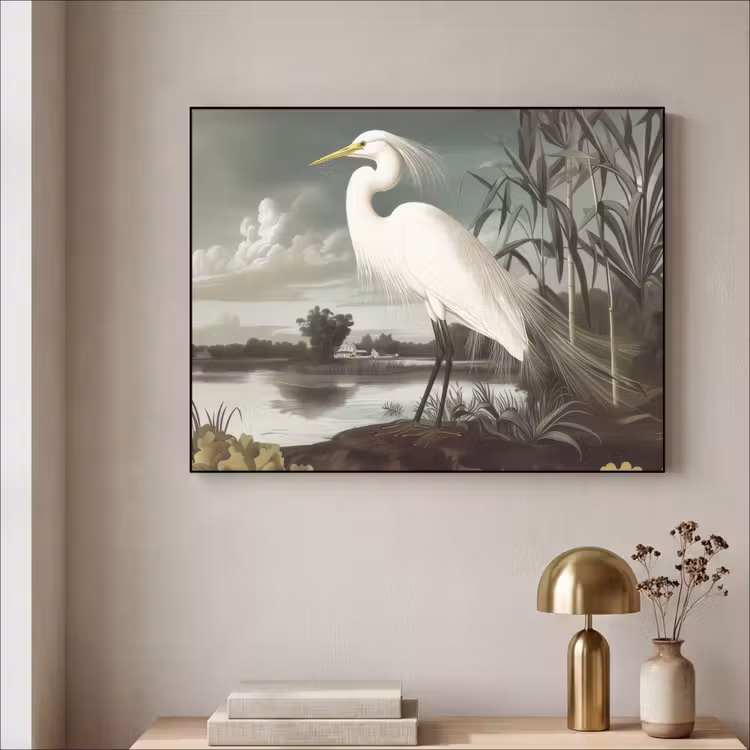 Reiger - Planten - Wolken - Wit Textielframe zwart klein -sfeer2