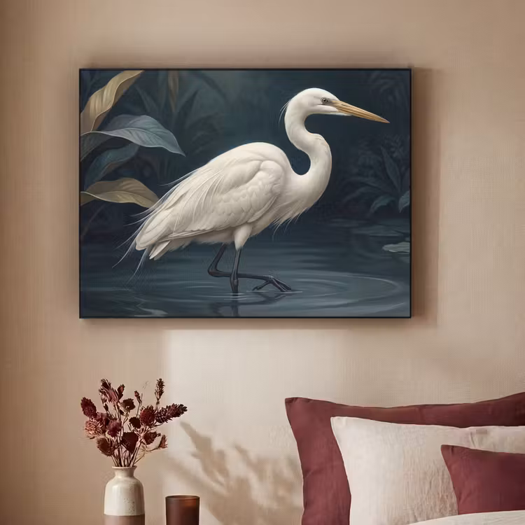 Reiger - Water - Natuur - Modern - Wit Textielframe zwart klein -sfeer1