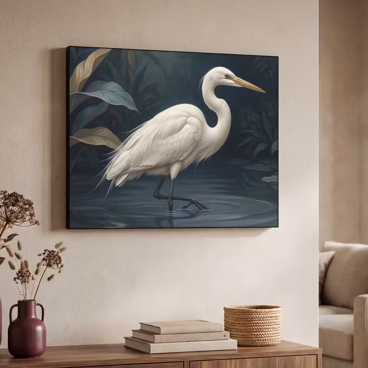 Reiger - Water - Natuur - Modern - Wit Textielframe zwart klein -sfeer3