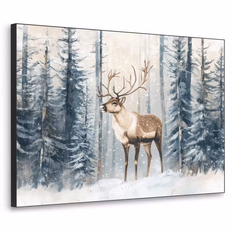 Rendier - Sneeuw - Woud - Wit Textielframe zwart klein -3d