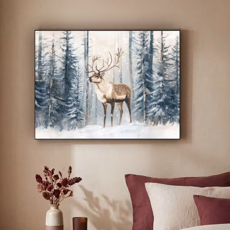 Rendier - Sneeuw - Woud - Wit Textielframe zwart klein -sfeer1