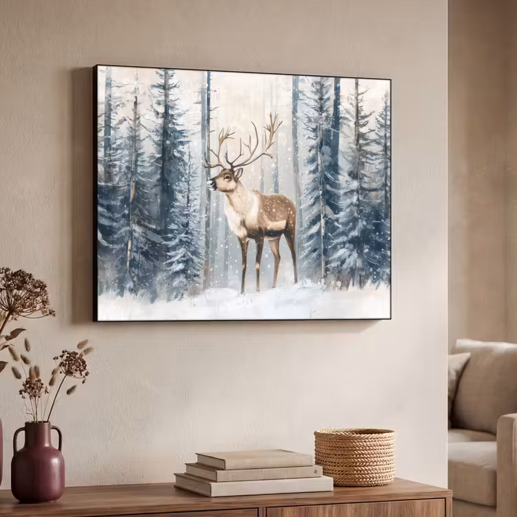 Rendier - Sneeuw - Woud - Wit Textielframe - compleet frame klein -sfeer3