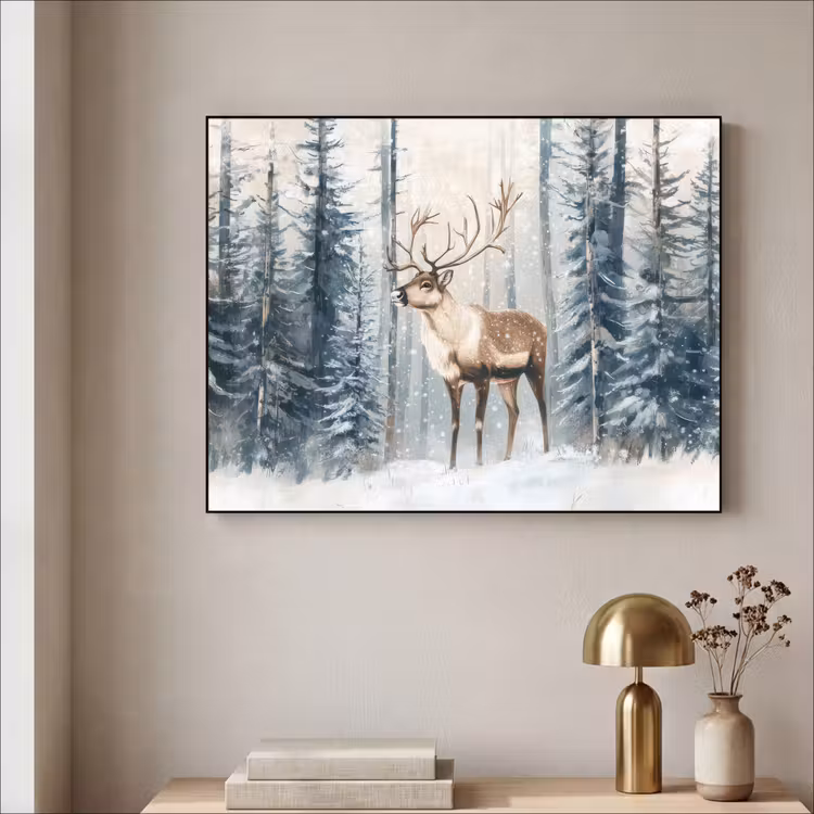Rendier - Sneeuw - Woud - Wit Textielframe - compleet frame klein -sfeer2