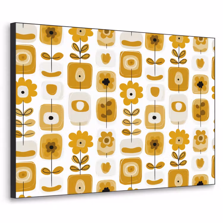 Retro - Abstract - Bloemen - Okergeel Textielframe zwart klein 947 -3d