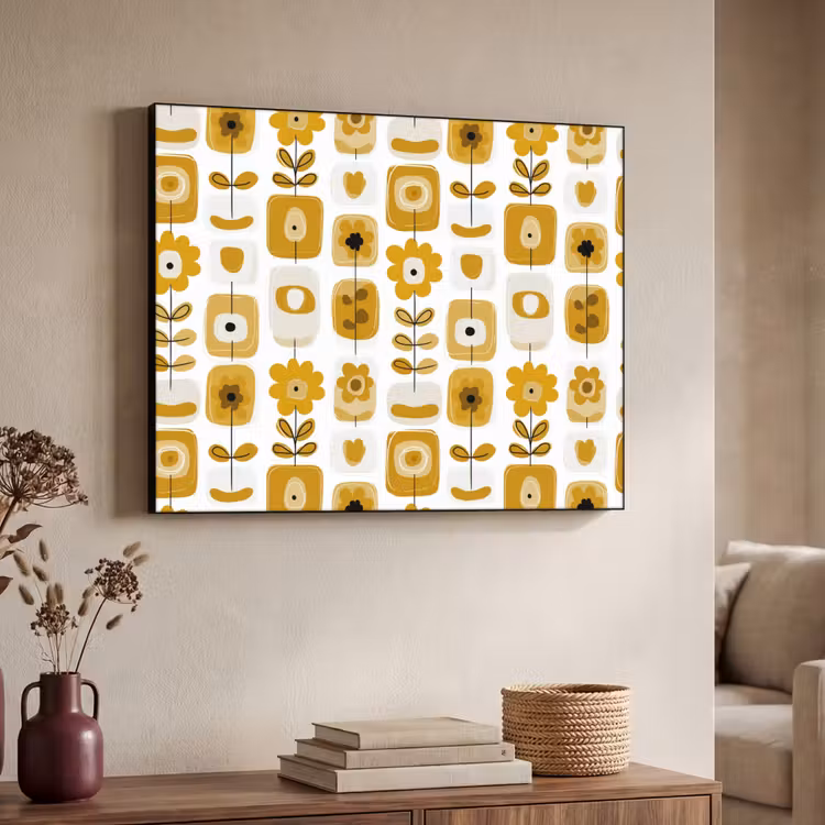 Retro - Abstract - Bloemen - Okergeel Textielframe zwart klein 947 -sfeer3