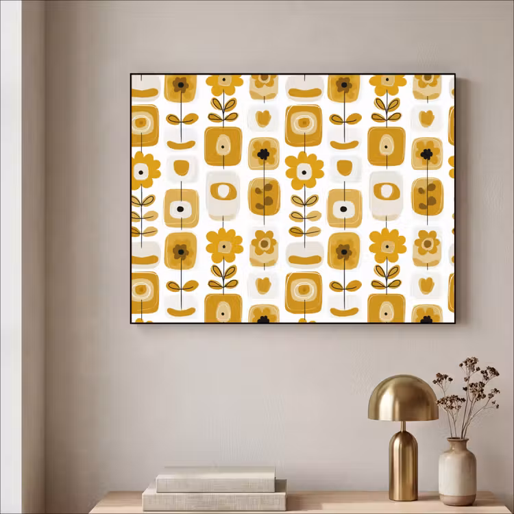 Retro - Abstract - Bloemen - Okergeel Textielframe zwart klein 947 -sfeer2
