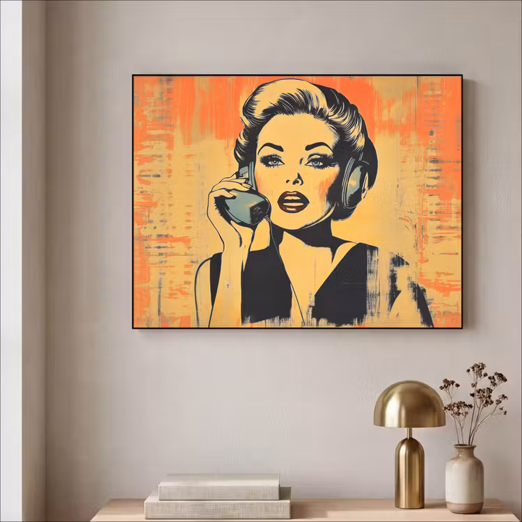 Retro - Vrouw - Koptelefoon - Oranje Textielframe - compleet frame klein -sfeer2