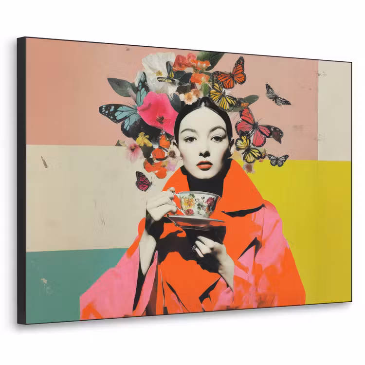 Retro - Vrouw - Kopje - Vlinders Textielframe zwart klein -3d