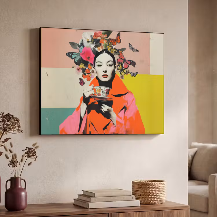 Retro - Vrouw - Kopje - Vlinders Textielframe zwart klein -sfeer3