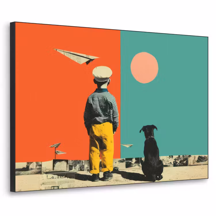 Retro - Jongen - Hond - Rood - Groen Textielframe zwart klein -3d