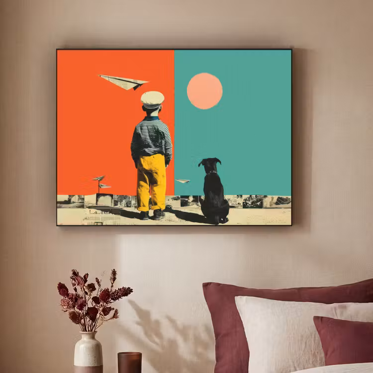 Retro - Jongen - Hond - Rood - Groen Textielframe zwart klein -sfeer1