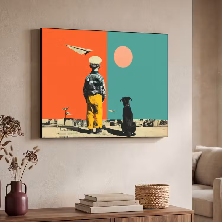 Retro - Jongen - Hond - Rood - Groen Textielframe zwart klein -sfeer3