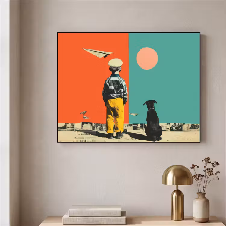 Retro - Jongen - Hond - Rood - Groen Textielframe zwart klein -sfeer2