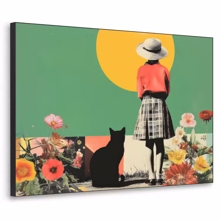 Retro - Meisje - Kat - Zon Textielframe zwart klein -3d